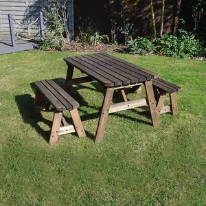 Oakham 4ft Rounded Picnic Table and Bench Set - L122 x W91 x H72 cm - Rustic Brown