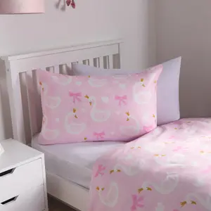 Swan Heart Duvet Cover Bedding Set Reversible with Pillowcase, Pink - Single