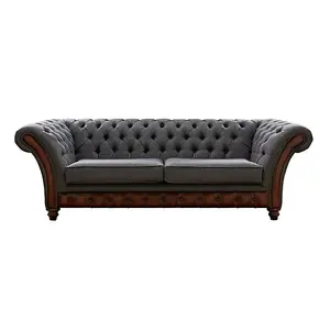 Chesterfield 3 Seater Sofa Antique Light Rust Leather Marinello Pewter Fabric In Jepson Style