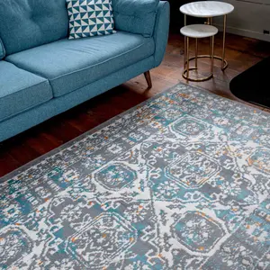 Grey Blue Traditional Medallion Bordered Area Rug 120x170cm