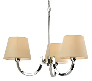 Luminosa Fairmont Multi Arm Chandelier 3 Light Polished Stainless Steel, Cream Linen Shade, E14