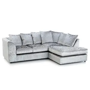 Crystal Crushed Velvet Fabric 3 to 4 Seater L Shaped Corner Sofa Silver Right Hand Facing - Scatter Back