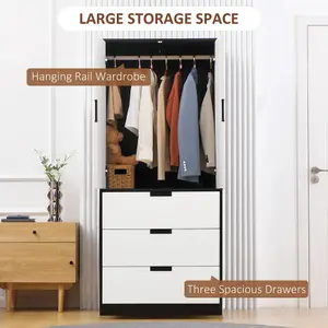 HOMCOM 2 Door Wardrobe White Wardrobe with 3 Drawer and Hanging Rod for Bedroom