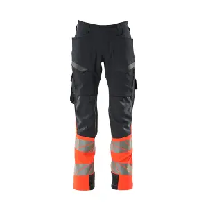 Mascot Accelerate Safe Ultimate Stretch Trousers with Thigh Pockets - Dark Navy/Hi-Vis Red   (36.5) (Leg Length - Long)