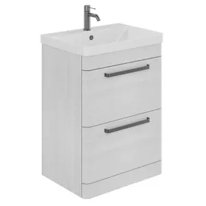 Emery Textured White Floor Standing Bathroom Vanity Unit & Basin Set with Gun Grey Handles (W)60cm (H)86cm