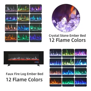 Black Electric Fire Wall Mounted or Inset Fireplace 12 Flame Colors with Freestanding Legs 50 Inch