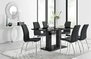 Imperia Black High Gloss 6 Seater Dining Table with Structural 2 Plinth Column Legs 6 Black Stitched Faux Leather Isco Chairs