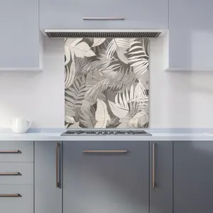 Grey Brown Tropical Leaves Premium Glass Kitchen Splashback W600mm x H600mm