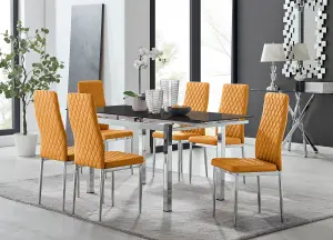 Enna Black Glass Extending Dining Table and 6 Mustard Milan Chairs