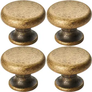 4x Flat Faced Round Door Knob 34mm Diameter Antique Brass Small Cabinet Handle