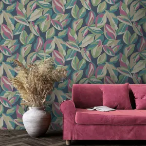 Abstract Leaf Wallpaper Navy Teal Beige Pink Green Natural Leaves Botanical