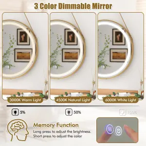 COSTWAY Hanging Bathroom Mirror 60 cm Round Wall Mirror w/ 3 Colors LED Light