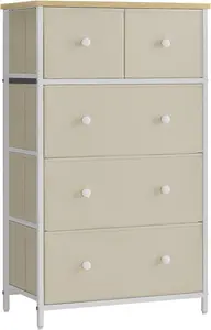 SONGMICS Drawer Chest, Cloth 5-Drawer Storage Organizer, Dresser, for Lounge, Passage, Baby Room, Camel Yellow and Cream White