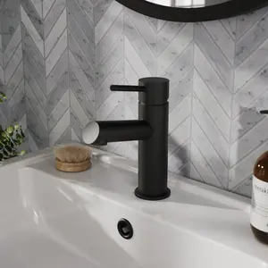 Round Mono Basin Mixer Tap & Push Button Waste - Matt Black - Balterley