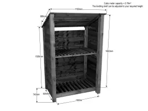 Wooden log store (roof sloping back) with kindling shelf W-119cm, H-180cm, D-88cm - natural (light green) finish