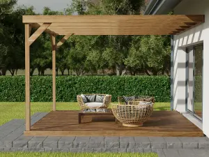 Wall-mounted box pergola and decking, complete DIY kit (4.8m x 4.8m, Rustic brown finish)