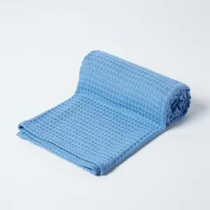 Homescapes Organic Cotton Waffle Baby Blanket Blue, 125 x 150 cm