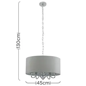 ValueLights Rocha Modern Chrome 5 Way Curved Arm Grey Linen Slimline Drum Ceiling Light Pendant with LED Bulb