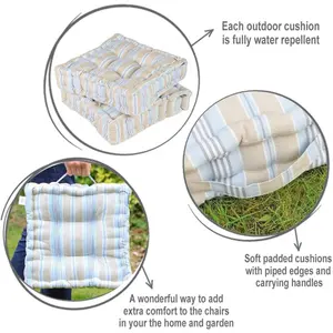 Set of 4 Blue Striped Outdoor Garden Chair Box Seat Pad Cushions