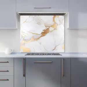 White Marble With Gold Premium Glass Kitchen Splashback W900mm x H750mm