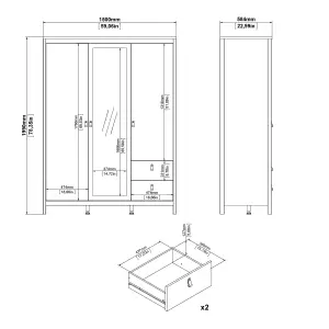 Madrid  Wardrobe with 2 doors + 1 mirror door + 2 drawers Matt Black