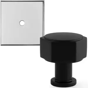 Cabinet Door Knob & Contrasting Backplate Set - Hex Kitchen Pull - Matt Black & Chrome