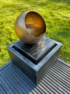 Golden Globe Box Light Water Feature with LED Lights - Solar Powered 29x29x40cm