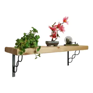 Solid Wood Handmade Rustical Shelf Primed 225mm 9 inch with Black Metal Bracket WPRP Length of 130cm