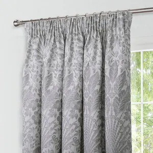 Keswick Grey Woven Leaf 3" Pencil Pleat Curtains