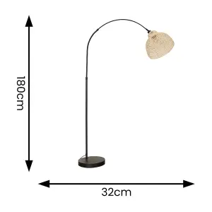 ValueLights Louis Black Arched Curved Floor Lamp with Cream Woven Basket Lamp Shade and LED Bulb