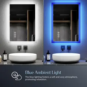 EMKE Bluetooth Bathroom Mirror with Shaver Socket, 500x700mm Blue Atmosphere Light Mirror with 2 Color, Dimmable, Demister