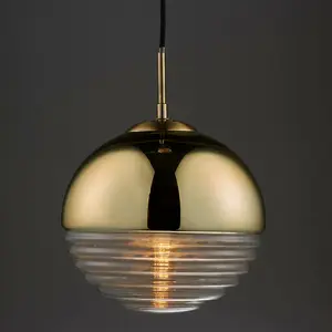 Hanging Ceiling Pendant Light GOLD & RIBBED GLASS Sphere Ball Lamp Bulb Holder