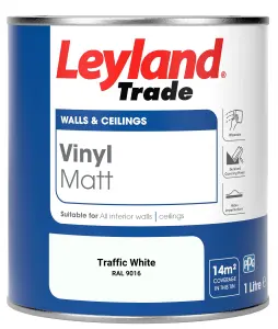 Leyland Trade Vinyl Matt Walls & Ceilings Emulsion Paint Traffic White (RAL 9016) 1L