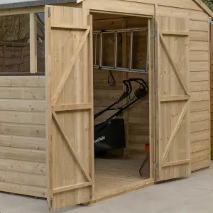 Forest Garden Beckwood Shiplap 8x6 ft Apex Natural timber Wooden Pressure treated 2 door Shed with floor & 2 windows (Base included) - Assembly service included