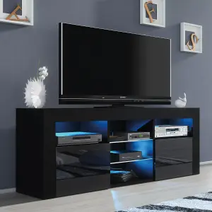 Pulse TV Unit 145cm Black High Gloss Doors with LED Lighting - Creative Furniture