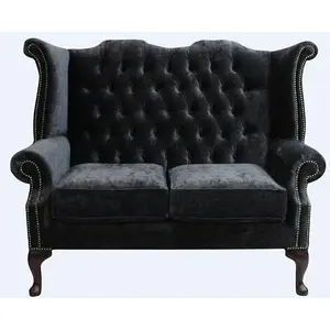 Chesterfield Handmade 2 Seater Sofa Modena Black Fabric In Queen Anne Style