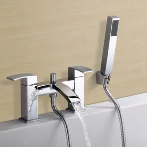 Chrome Lucia Waterfall Basin & Bath Shower Mixer Tap Pack Including Bath Waste