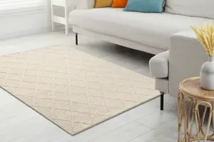 Wool carpet TAHAR 99001B cream - HAND-WOVEN loop, rhombus, boho 160x240 cm