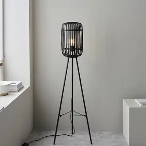 Luminosa Mathias Base & Shade Floor Lamp, Dark Bamboo, Plywood With Matt Black Paint