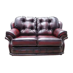 Chesterfield 2 Seater Antique Oxblood Red Leather Sofa In Knightsbridge Style