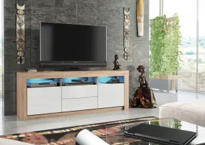 Shine TV Unit 160cm Oak & White with High Gloss Doors and LED Lighting - Creative Furniture