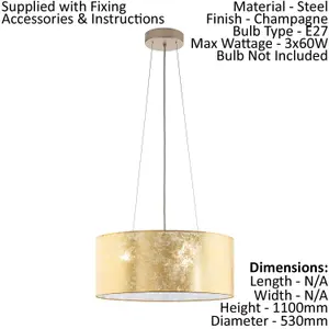 Pendant Ceiling Light Colour Champagne Shade Gold Fabric Bulb E27 3x60W