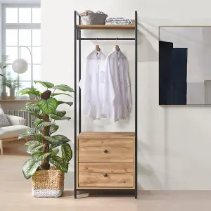 Alva Open Double Wardrobe with 2 Drawers Oak Storage Clothes Hanging Rail Stand