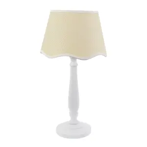 ValueLights Victoria White Wood Candlestick Table Lamp with Linen Scallop White Trim Tapered Shade