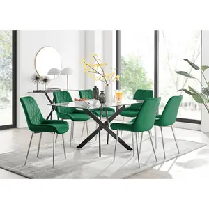 Lenworth Glass Rectangular Dining Table Set with 6 Luxury Velvet Chairs Black / Green/Silver