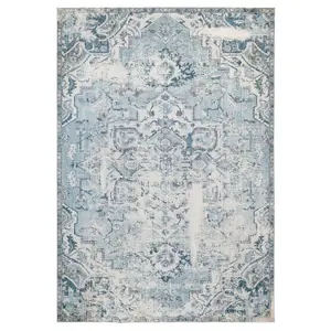 Washable Non-Slip Blue Gey Traditional Area Rug 80cm x 150cm