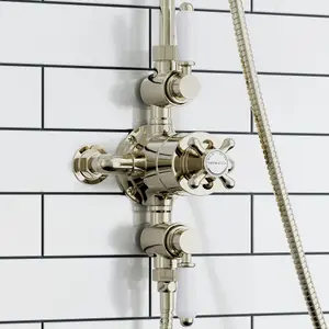 ENKI Downton English Gold White 2-Outlet Brass Thermostatic Shower Set with Rigid Riser Rail 200mm