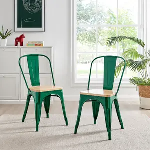 Furniturebox Set of 2 Green Colton Tolix Style Stackable Industrial Metal Dining Chair With Pine Seat