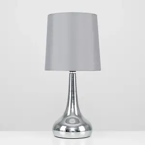 ValueLights Pair Of Modern Silver Chrome Teardrop Touch Bed Side Table Lamps With Grey Fabric Shades