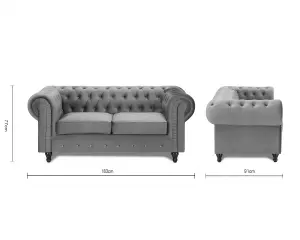 Chesterfield Pleat Velvet Fabric 2 Seater Sofa, Grey Velvet